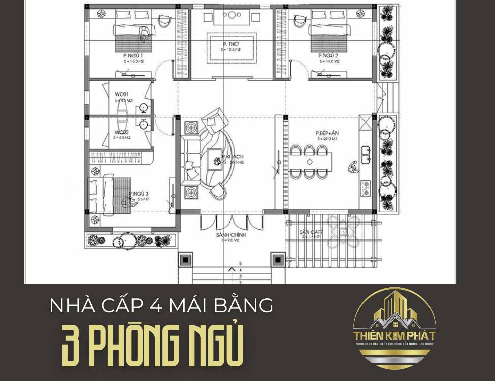 Mẫu nhà cấp 4 mái bằng 3 phòng ngủ